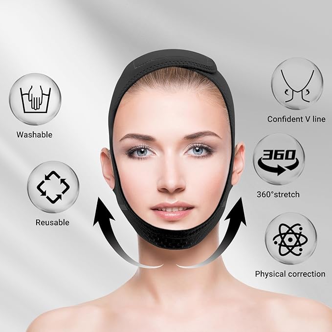 Reusable V Line Lifting Mask with Chin Strap for Sleeping,Double Chin Reducer,Face Lift Prevent Sagging, Jaw Exerciser,Black,M
