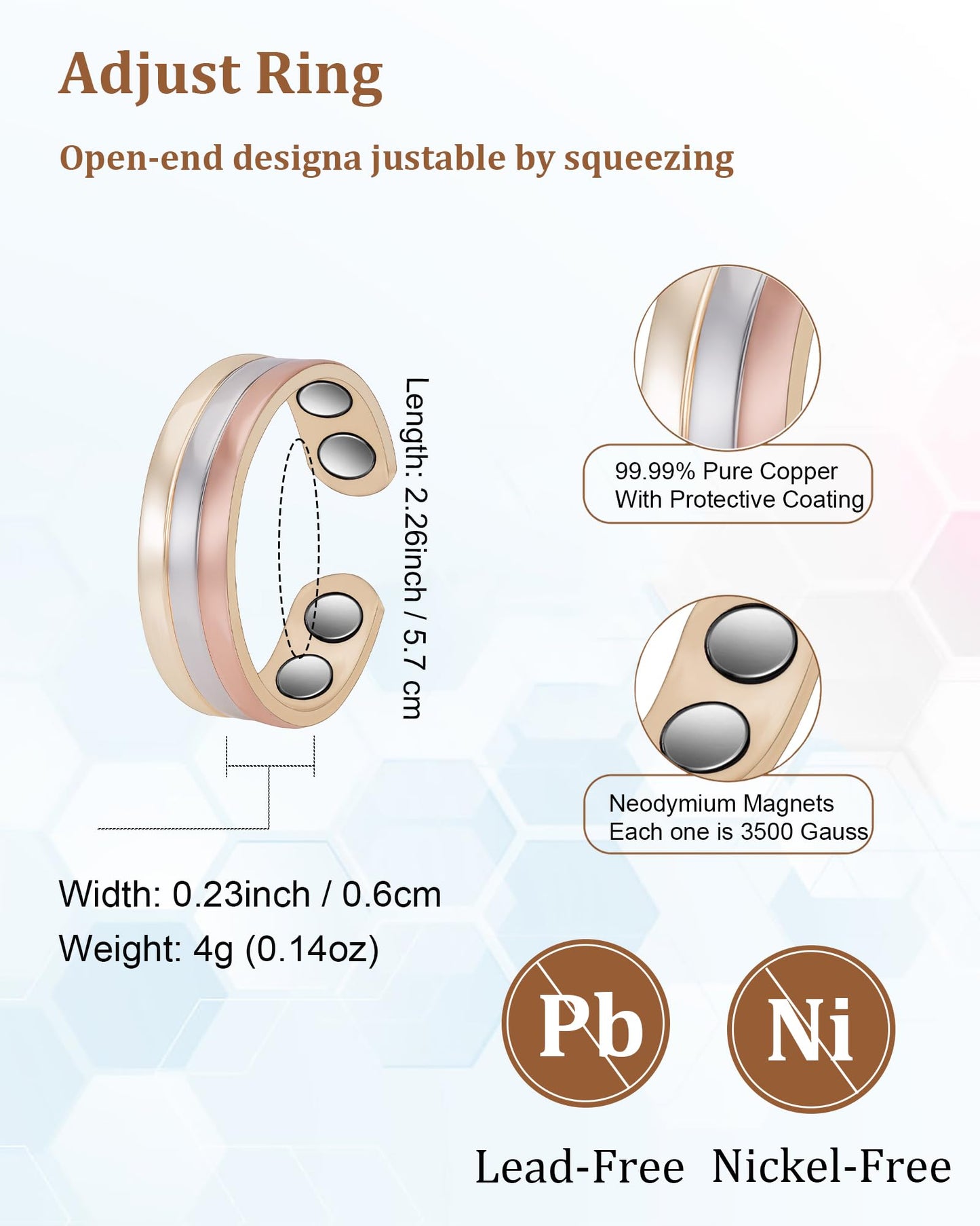 EnerMagiX Copper Rings for Women, Pure Copper Adjustable Magnetic Ring with 3500 Gauss Magnet（0950）