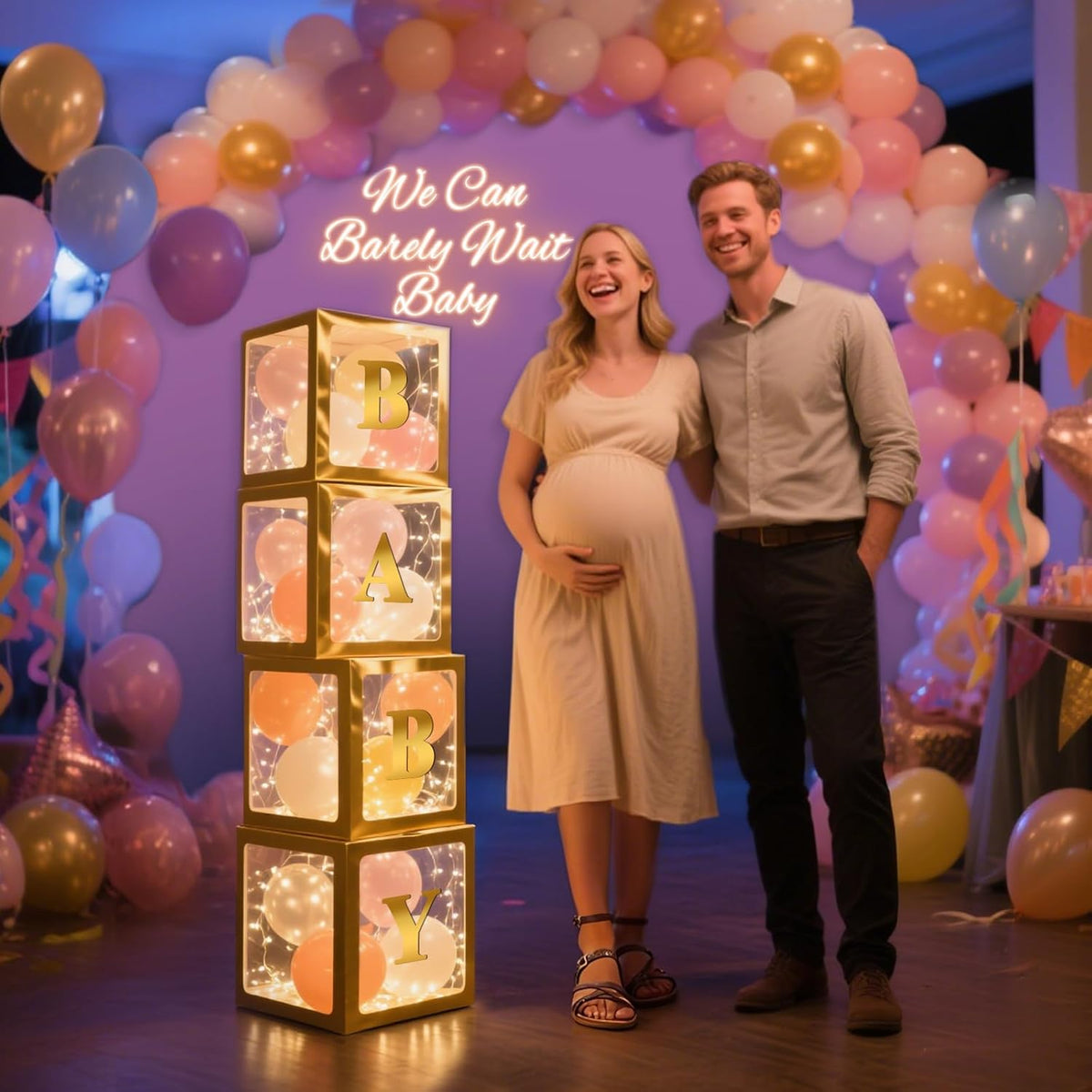 Ledido Transparent Balloon Boxes, Clear Balloon Boxes with 6 Pcs String Lights and 78 Letters for Baby Shower Gender Reveal Birthday Party Anniversary Bridal Wedding Grad Decor - 6 Gold Boxes