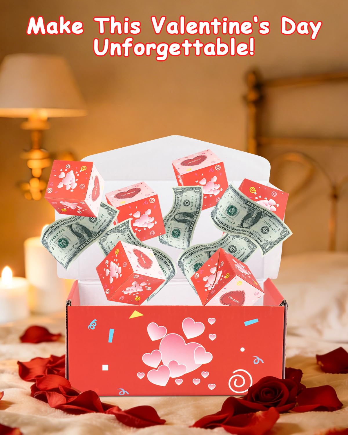ASSRECT Exploding Gift Box -Valentine's Day, BirthdaySurprise Box Pop Up with 12 Money Holders, ReusableDate Gift Box for Valentine's Day, Cash, Gifts, Birthday, Party supplies (Pink)