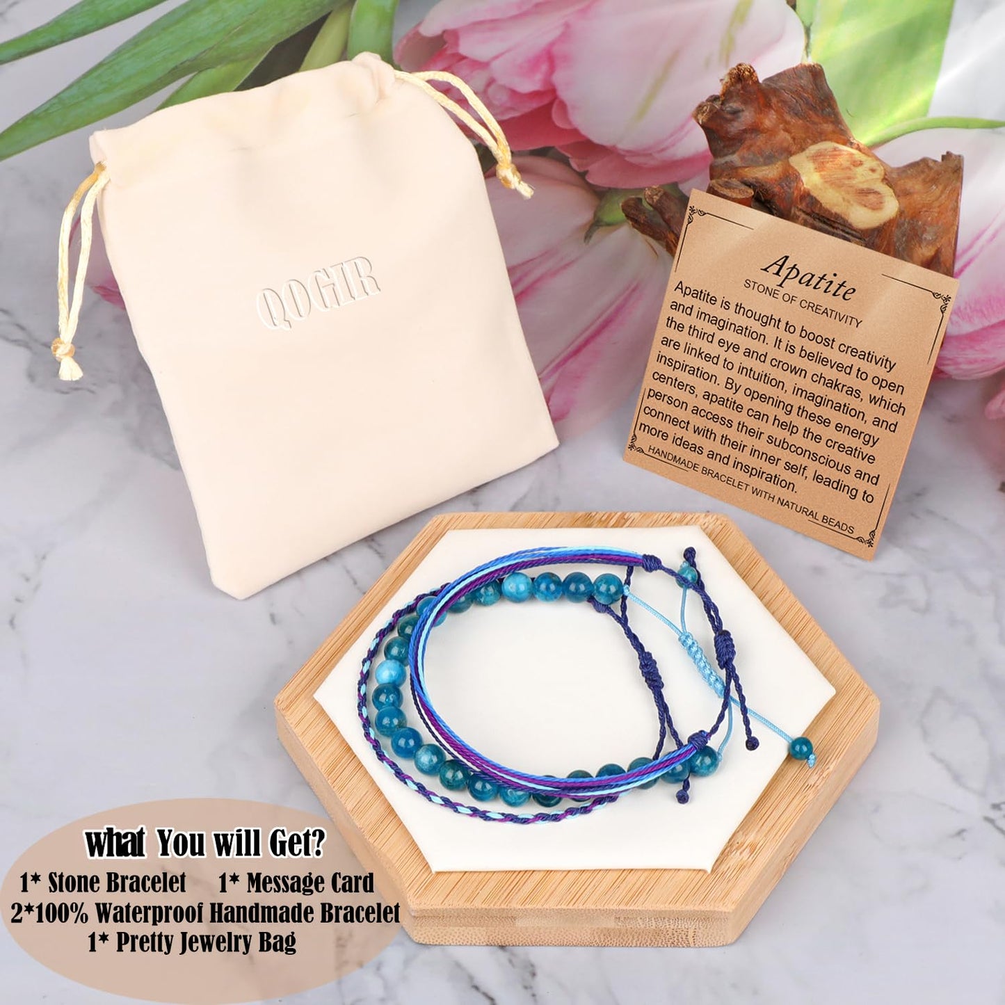 QOGIR Handmade Healing Bracelets,8mm Natural Blue Apatite Gem Stone Beads Bracelet for Men Women Gifts with 2PCS Size Adjustable Rope Bracelets