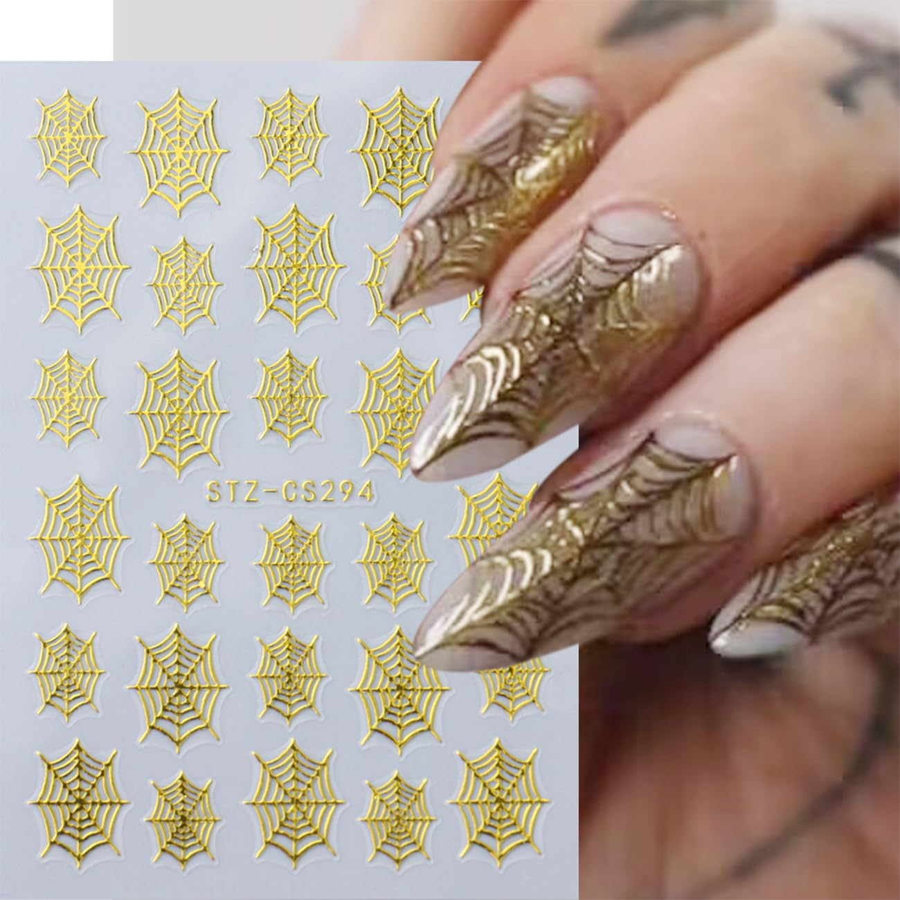 8Sheets Halloween 3D Glitter Spider Nail Art Stickers - Self-Adhesive Black Gold Silver Spider Web Decals - Luxury Gothic Design for Women DIY Nail Decoration