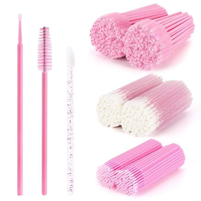 600 PCS Eyelash Extension Supplies Kit, 200 Spoolies Mascara Wands Disposable 200 Lip Brushes 200 Micro Swabs Pink Eyelash Brushes Makeup Applicator Tool