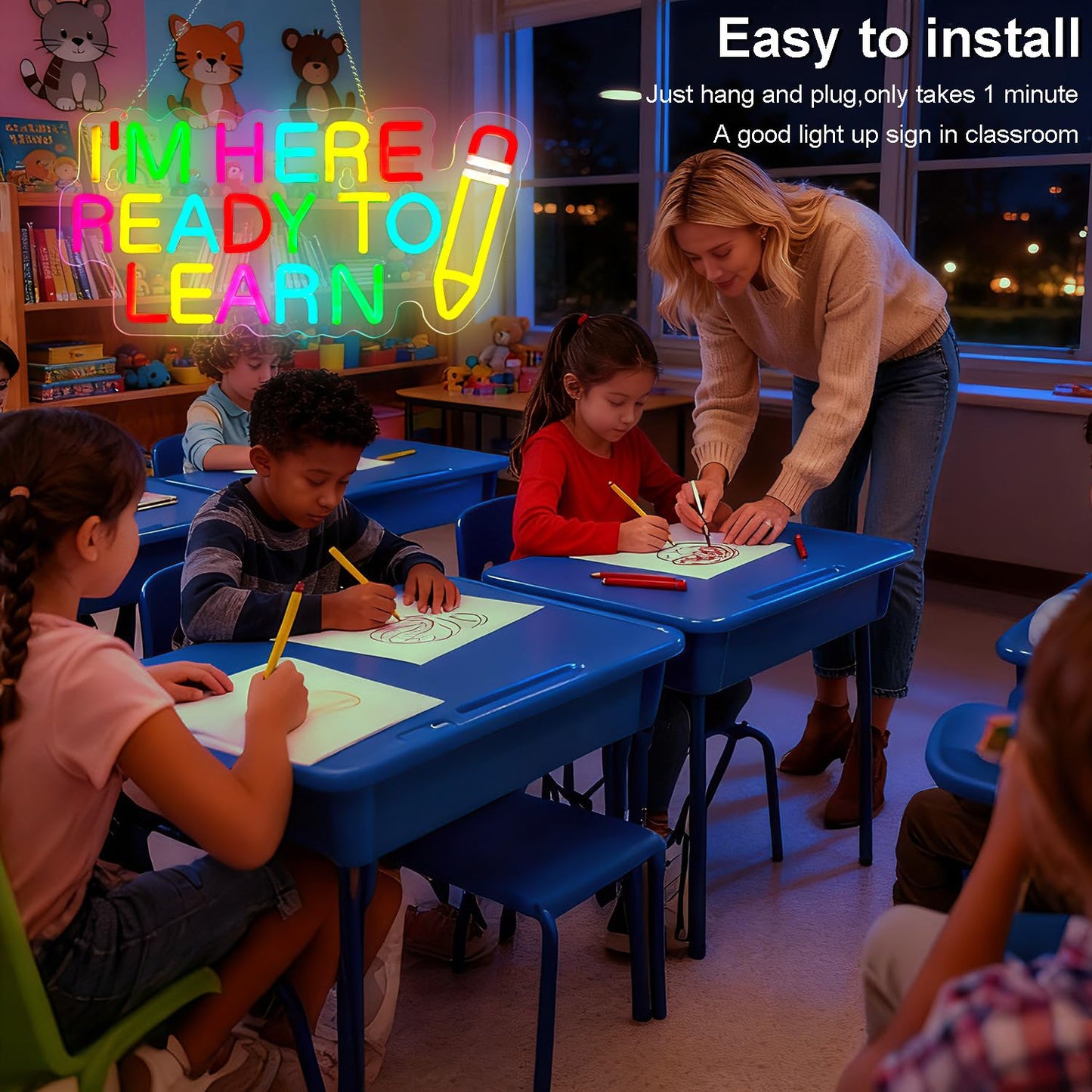 Ready To Learn and Pencil Neon Signs for Wall Decor, LED Neon light, Dimmable USB Powered, for Clarssroom Home Bedroom Man Cave,Gift for Boys,16.8 * 8.1 Inch