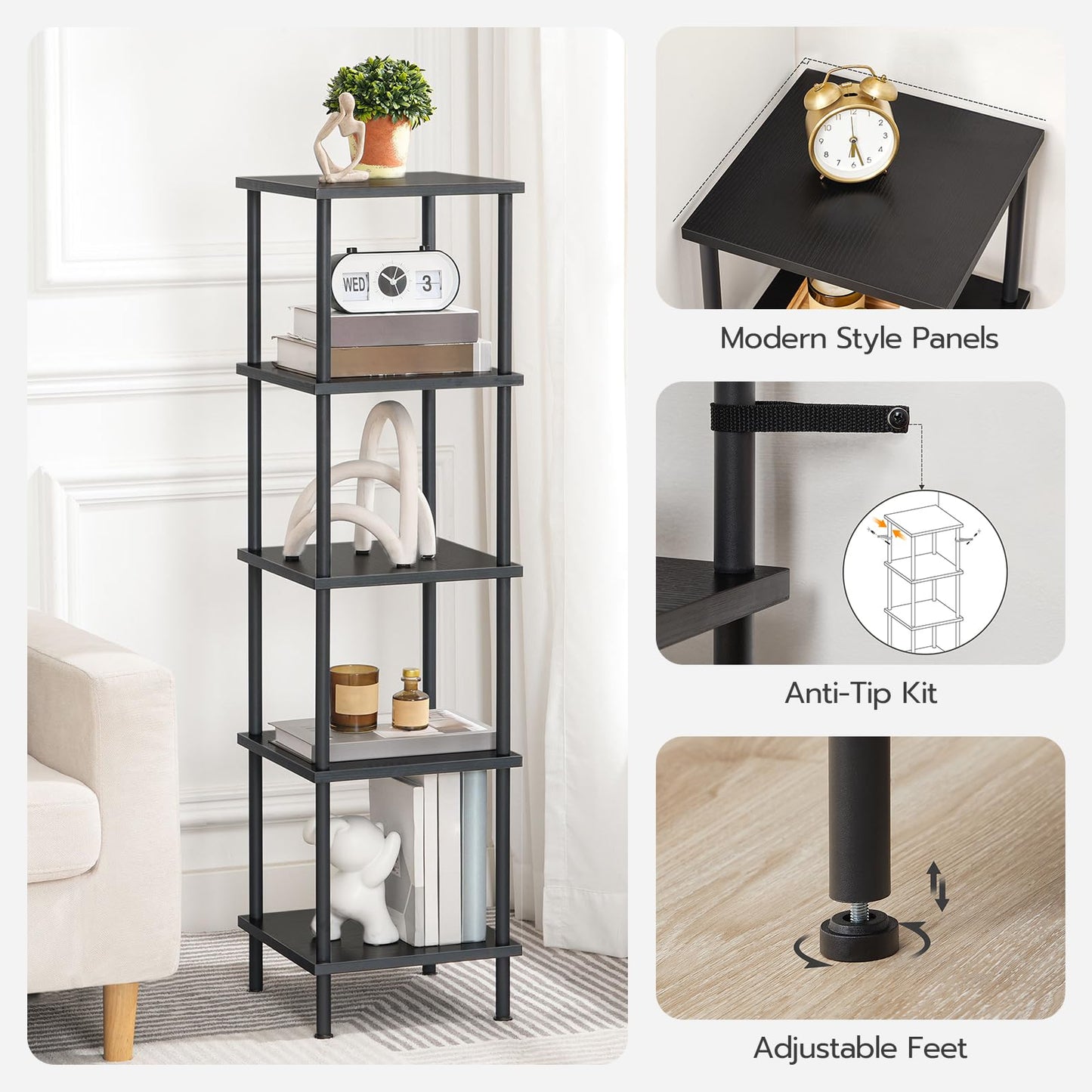 HOOBRO 5-Tier Corner Shelf Stand, Corner Square Rack Display Shelf, Tall Storage Rack Plant Stand, Corner Bookcase for Small Spaces, Living Room, Home Office, Kitchen, Black BK50CJ01