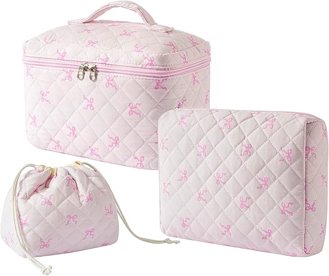 3Pcs Aesthetic Cotton Quilted Drawstring Makeup Bag Set, Aesthetic Cute Bow Makeup Pouch for Girls and Women, Aesthetic Travel Organized Cosmetic Bags for Purse(03Small Pink Bow)