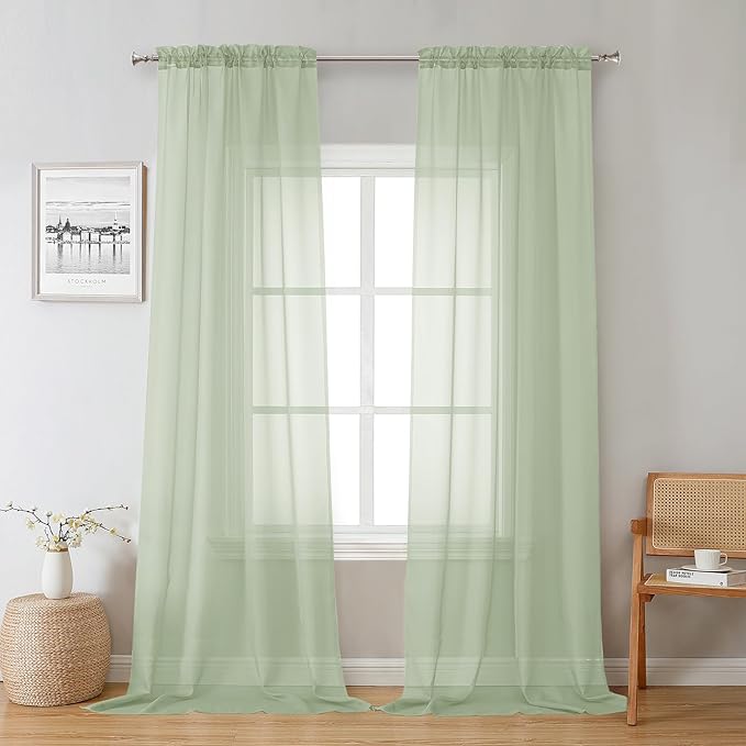 Lecloud Light Green Sheer Curtains 96 Inches Long 2 Panels, Modern Light Filtering Breathable Curtain, Gauzy Stylish Home Decor Drapes with Rod Pocket for Living Room Bedroom, Each 42" W x 96" L