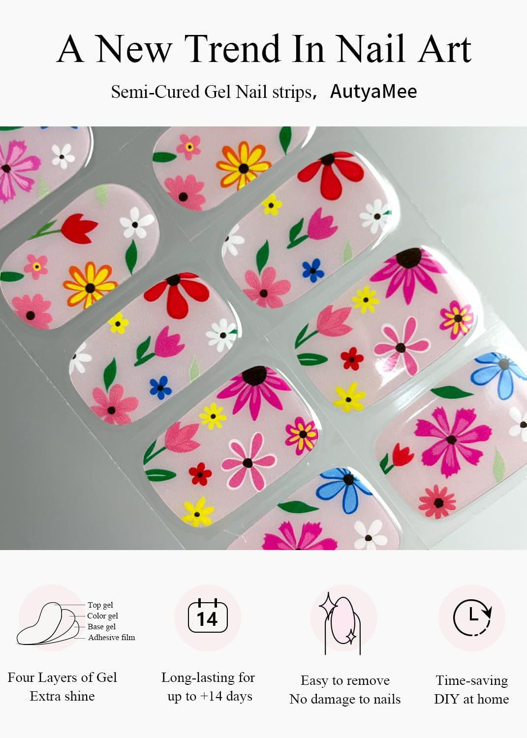 AutyaMee Semi Cured Gel Nail Strips (Cute Flower), 20 Pcs Summer Pink Gel Nail Wraps, Stickers, UV Light Required, Salon Quality, Long Lasting