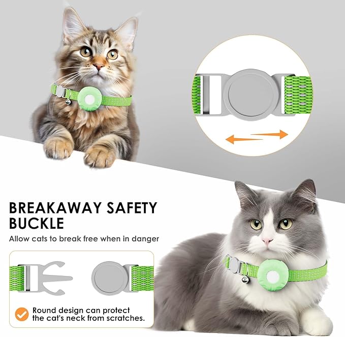 ZFSJTAG GPS Tracker for Cats, Cat Tracker Collar with Safety Elastic Buckle, Compatible with Apple Find My App (Only iOS), No Monthly Fee, Waterproof (White Tracker, Green Cat Collar)