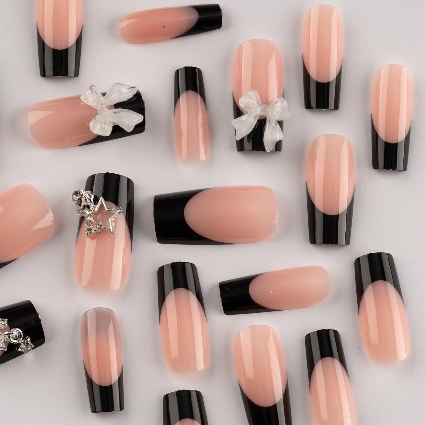 Generic Black French Tip Press on Nails Medium Square With Bow and Star Designs for Women Full Cover Stick on Nude Pink False Nails Glossy Acrylic Cute 24Pcs