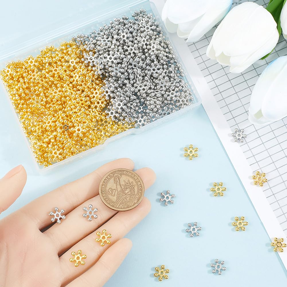SOFPLATE 1 Box 400Pcs Snowflake Spacer Beads Silver Metal Spacer Bead Bulk Tibetan Alloy Gold 10mm Mini Flower Winter Christmas Snow Flake for Jewelry Making Bracelets Earrings DIY Crafts