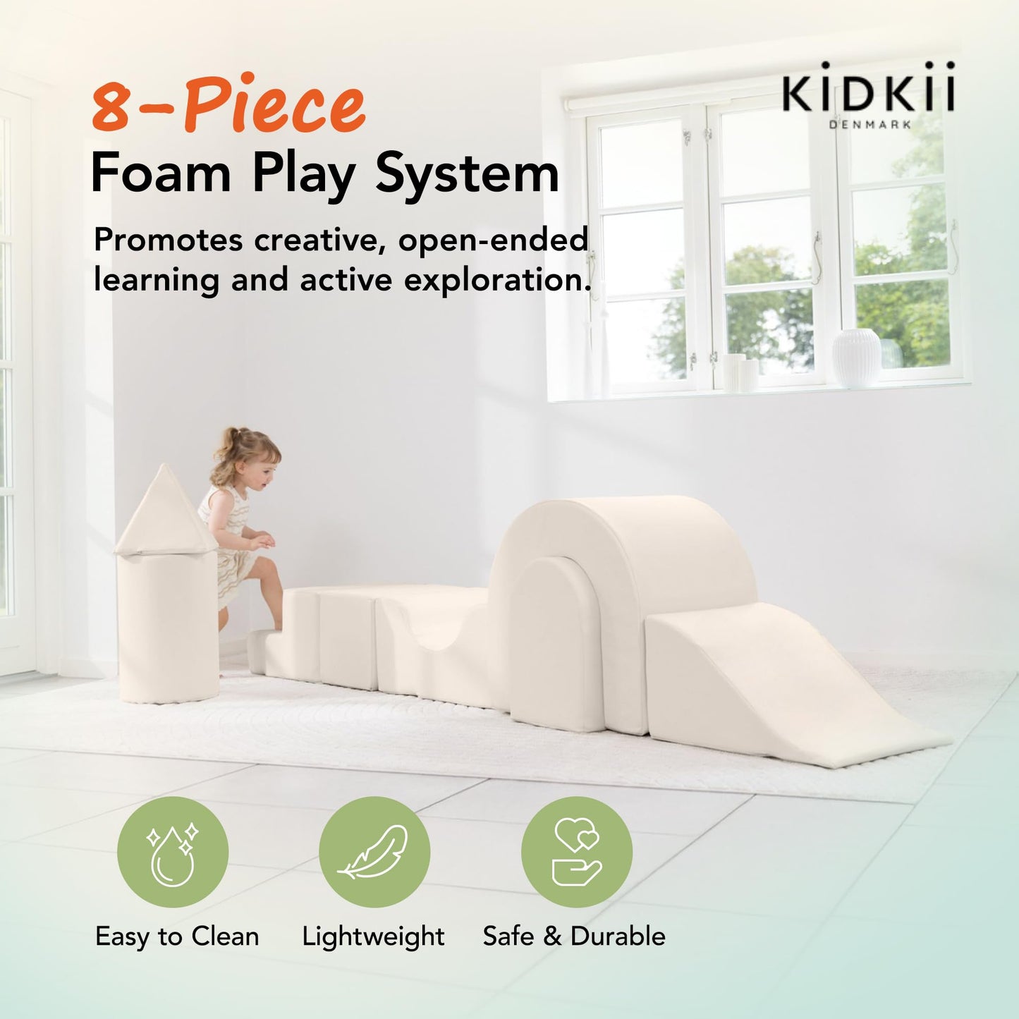 KIDKII Lux Play Set 8-Piece Foam Climbing & Motor Skill Play Kit, Indoor Activity Play System Set with Climbable Shapes for Toddlers, Beige