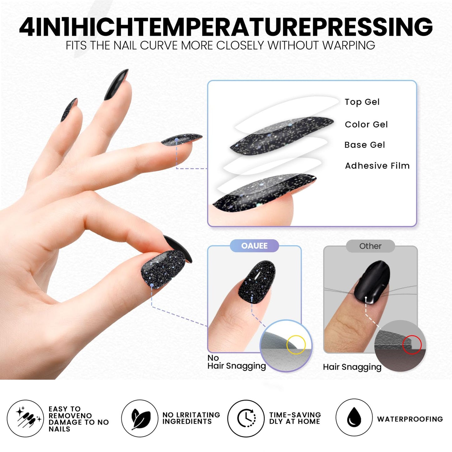 Oauee Semi Cured Gel Nail Strips | Built-In Gel Top Coat | UV Light Required | Salon Quality, Easy Application And Removal (Black Sparkle)