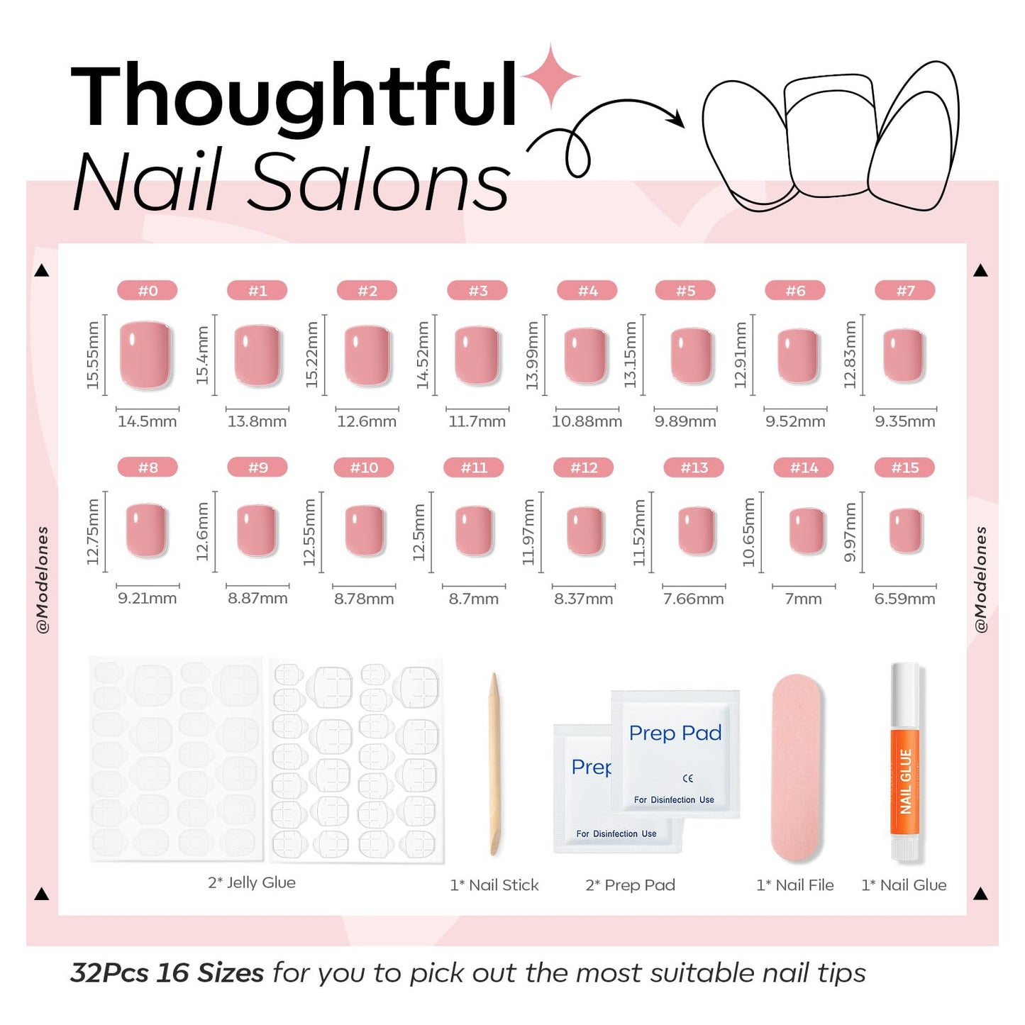 Modelones Extra Short Press on Nails, Rosy Nude Squoval Fake Nails, Reusable Nail Kit with Nail Glue Adhesive Tabs Mini Nail File, Nails Press Ons 32Pcs 16 Sizes, Spring Women Girl Gift