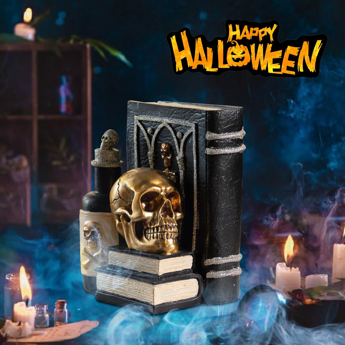 WONDER GARDEN Halloween Decorations Indoor Resin Halloween Skull Heads with Books Statue Head Sculptures Table Sign Decor for Party Home