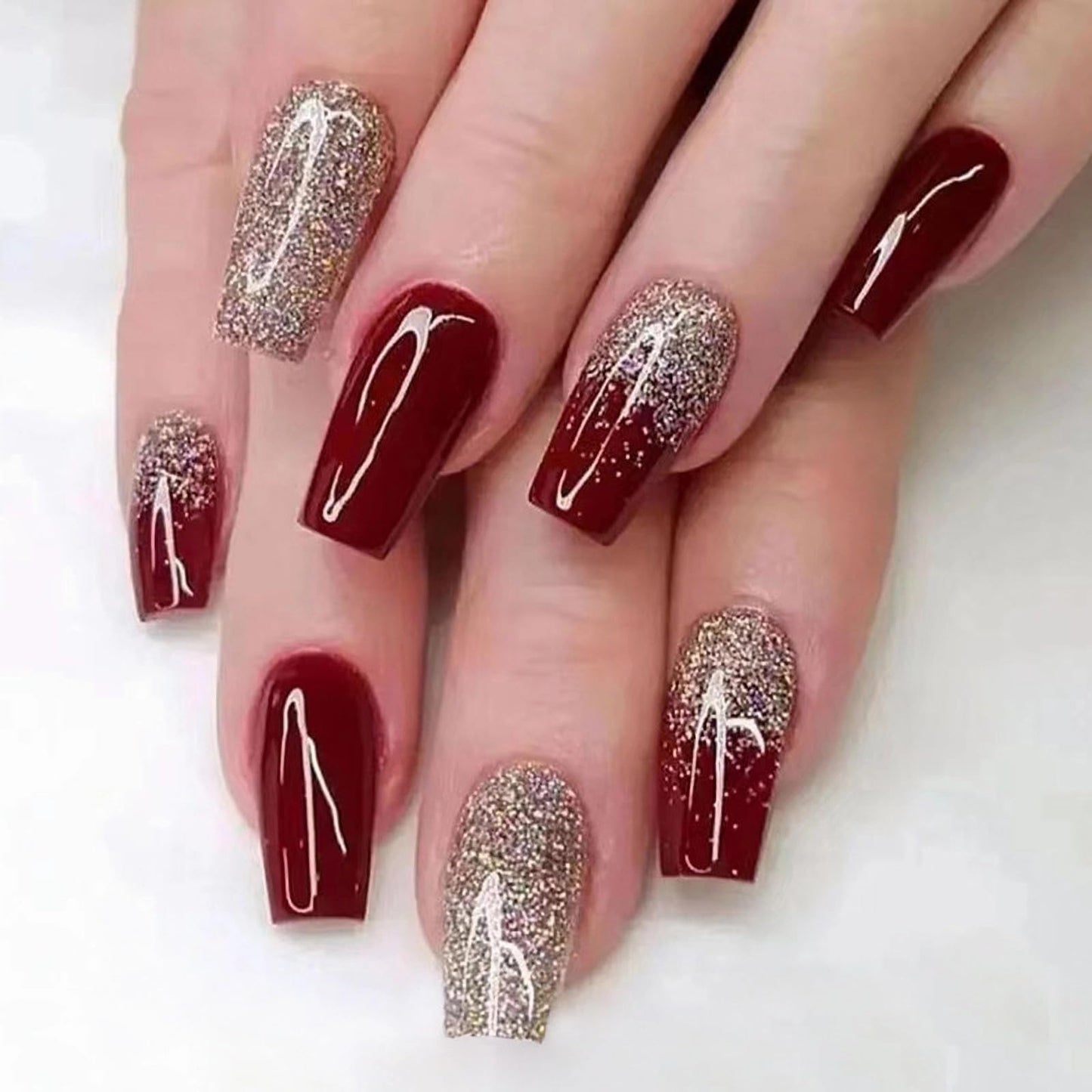 MISUD Press on Nails - Long Coffin Fake Nails with Wine Red, Acrylic Bling Gold Glitter Burgundy Design 24 pcs