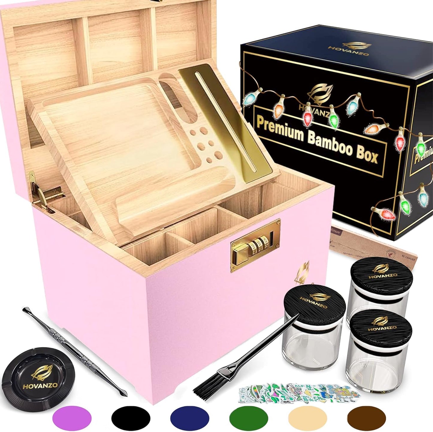 HOVANZO Premium Large Bamboo Storage Box with Removable Tray - Storage Wood Box for Herbs and Accessories - Storage Box Set with Combination Lock - Smell Proof Container with Accessories