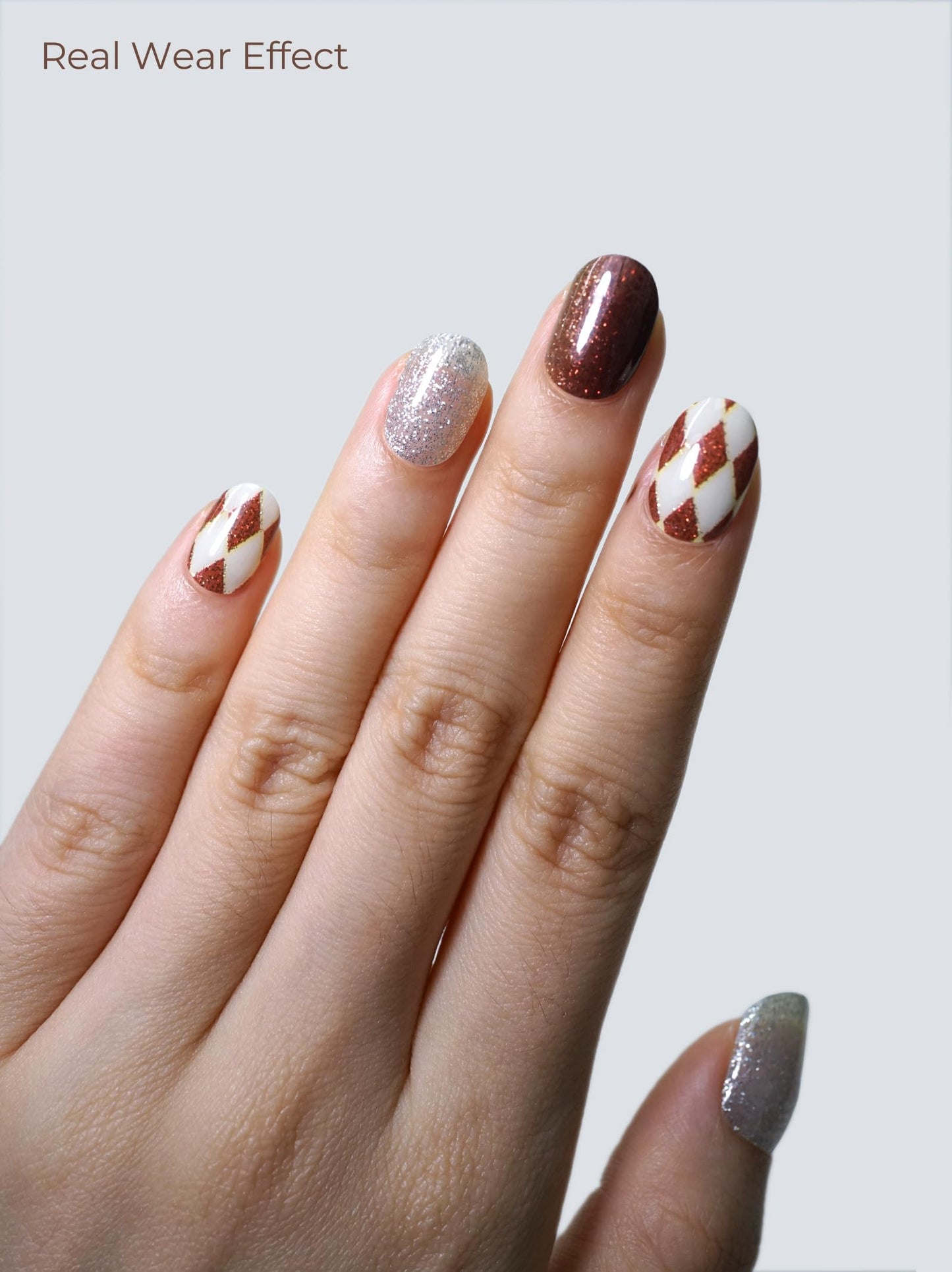 Beaolata Real Gel Nail Strips (No UV Light Needed) - 44Pcs Salon Quality Nail Stickers - Long Lasting Polish Wraps for Women, Easy Apply & Remove (Brown Check Sparkle)