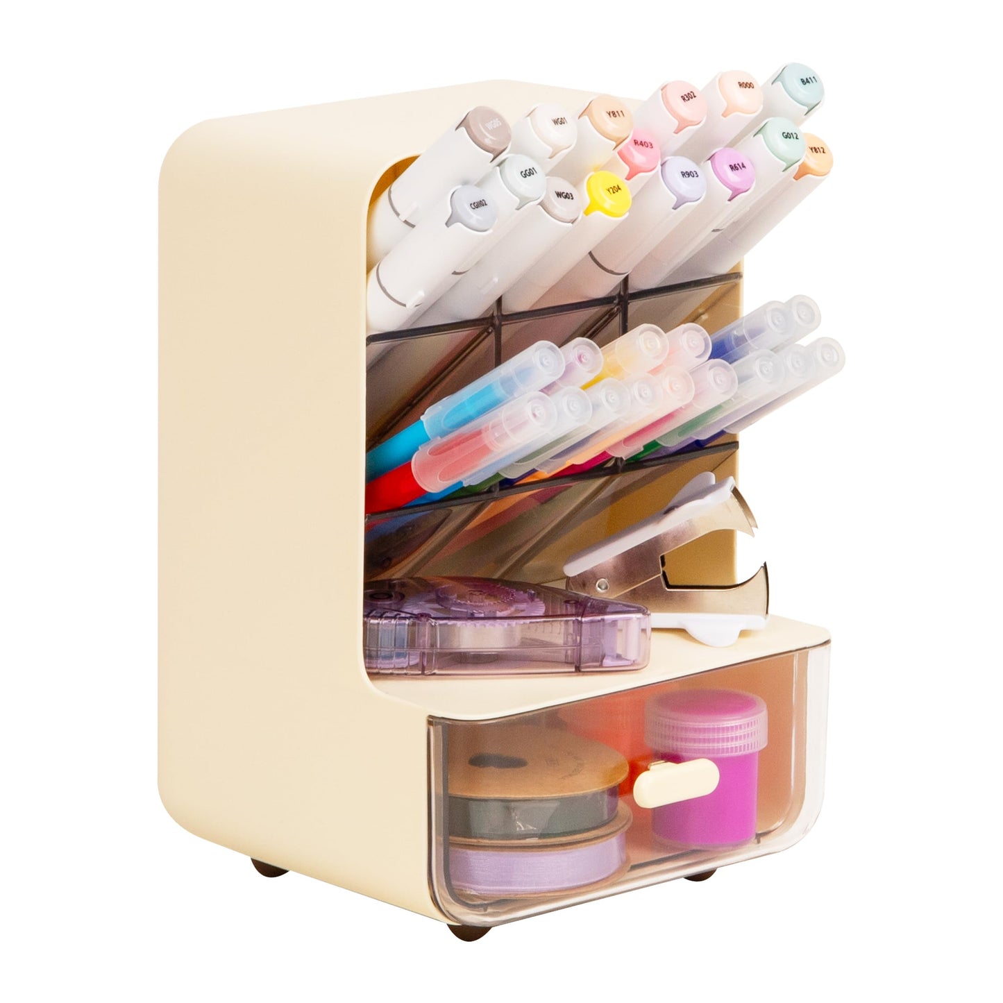Mind Reader Compact Craft Supply Organizer with Drawer, 6 Slanted Compartments, Non-Skid Feet, Desktop Storage for Markers, Pens, Tools & Art Essentials, Plastic, White