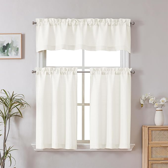 Chyhomenyc Kitchen Curtains 24 Inch Length, Light Filtering Short Window Curtain for Bathroom Basement, Yellowish Small Curtains, Each 30x24 Inch, 2 PCS, Cream