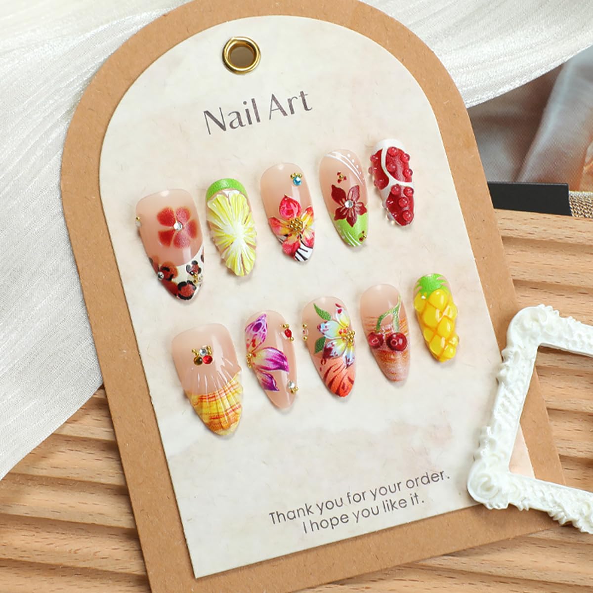 30Pcs Handmade Press on Nails Medium Almond French Tip Fake Nails 3D Flower False Nails with Beach Fruit Design Summer Glue on Nails Full Cover Artificial Glue on Nails Cute Stick on Nails for Women
