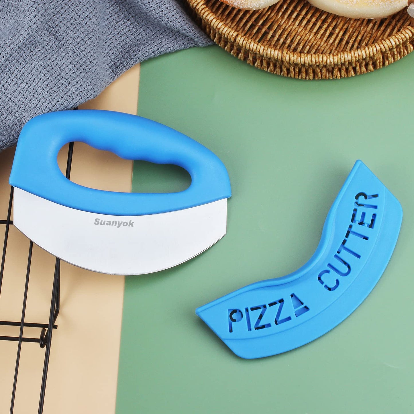 Suanyok Premium Pizza Cutter Food Chopper-Super Sharp Blade Stainless Steel Pizza Cutter Rocker Slicer with Protective Sheath Multi Function Pizza Knife Kitchen Tools,Dishwasher Safe (Blue)