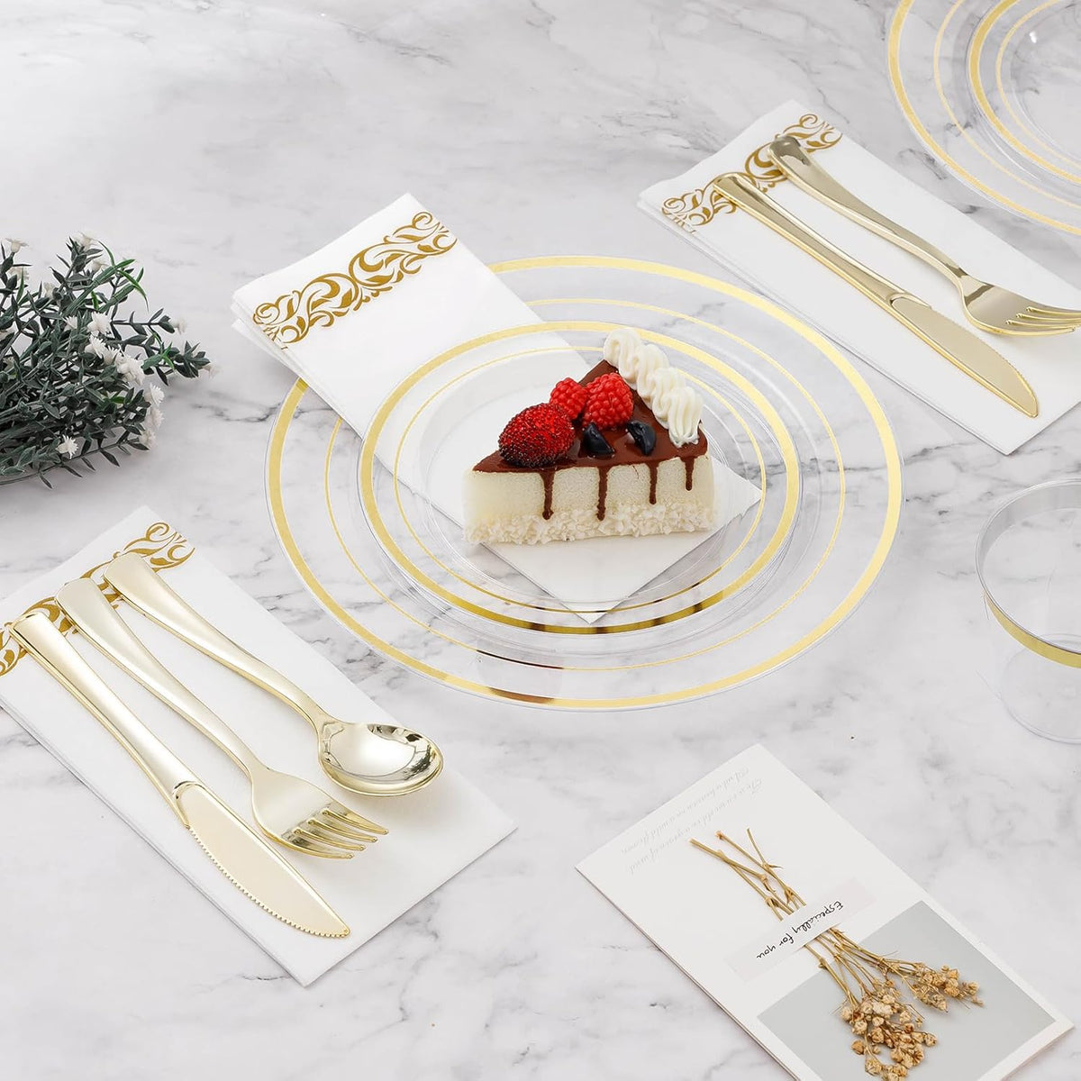 BESTVIP 700PCS Clear Gold Disposable Dinnerware Set for 100 Guests, Plastic Plates for Party, Wedding, Christmas, Halloween, Include: 200 Plastic Plates, 100 Gold Silverware, 100 Cups, 100 Napkins