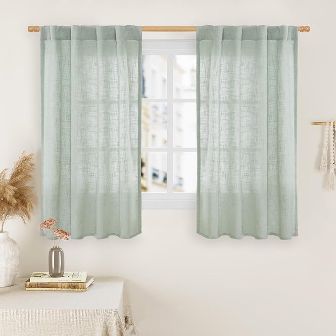 LAMIT Small Window Linen Curtains 45 Inch Length, Light Filtering Panels Back Tab and Rod Pocket Neutral Drapes for Cafe/Bathroom/Loft Room, Light Sage, 2 Panels, 34 x 45 Inch