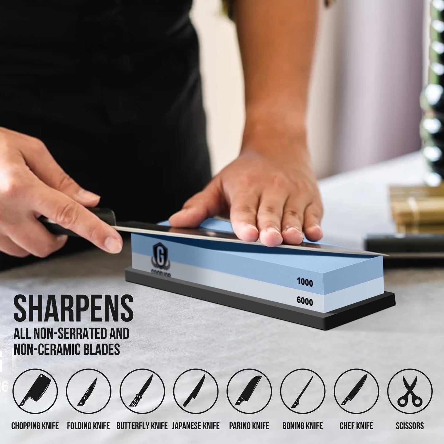 Knife Sharpening Stone Kit - Goodjob Premium Japanese Whetstone Knife Sharpener Stone Set - Dual Grit 1000/6000 Water Stones with Non-Slip Silicone Base, Angle Guide, Flattening Stones