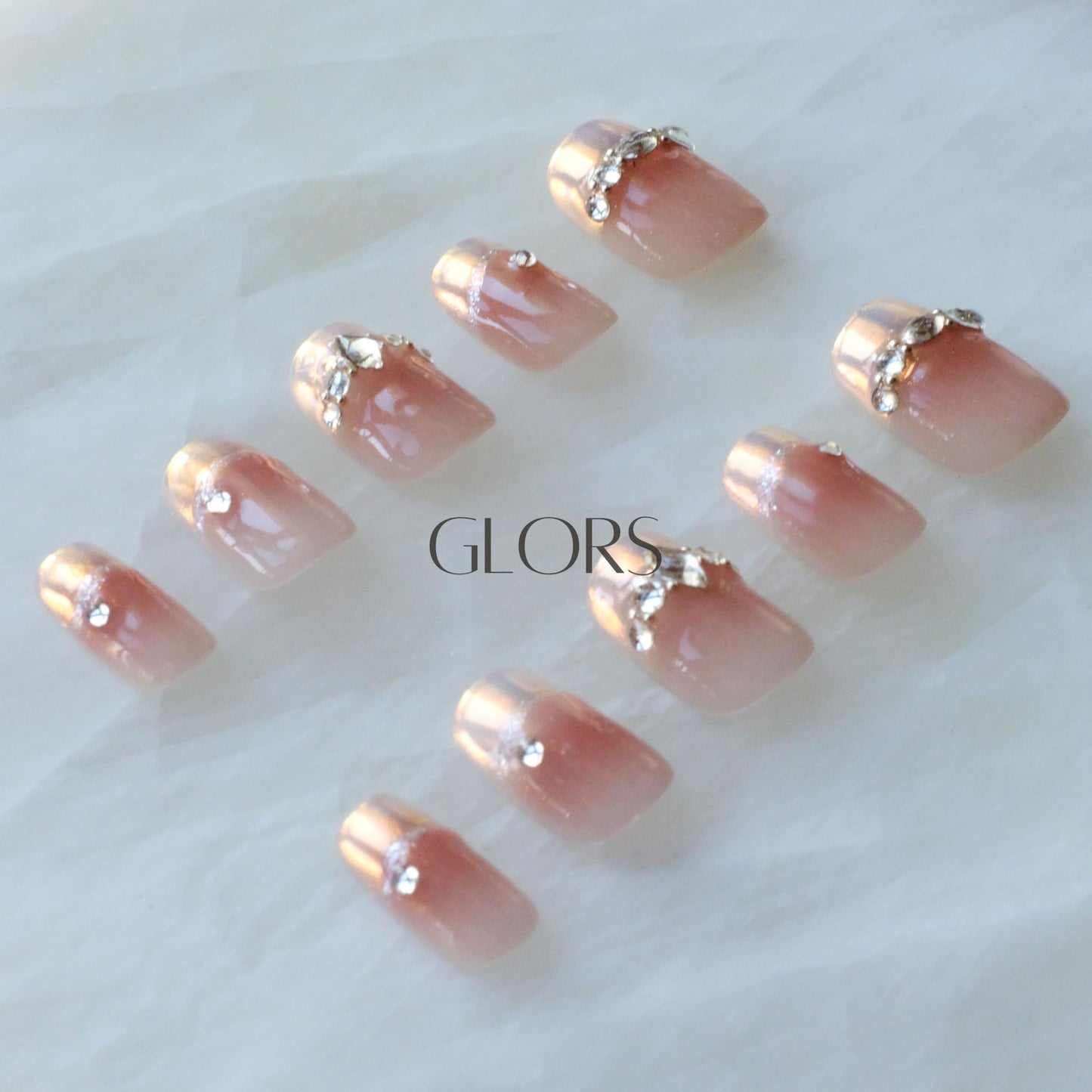 [GLORS] Purely Handmade Press On Nails | Moon Dream - French-style Pink Nail Tips with Diamond | Salon Quality Fake False Nails in Short Square 10 pieces (Medium, SS)