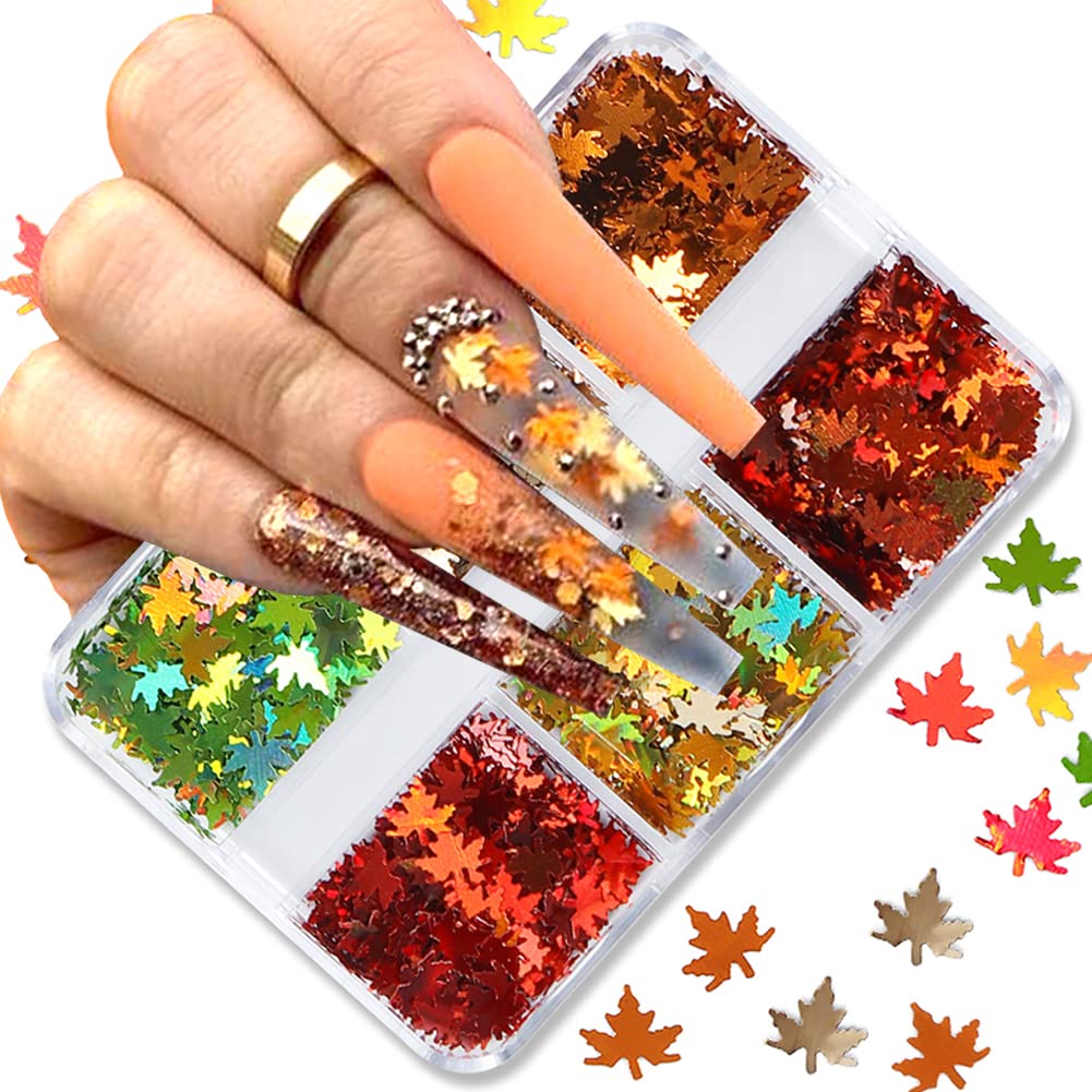 Fall Glitter Nail Sequins Maple Leaf Nail Glitters Flakes 3D Maple Leaves Nail Art Stickers Decals Gold Laser Glitter Nail Designs Retro for Manicure Autumn Winter Gel Nail Art Decorations 6 Grids