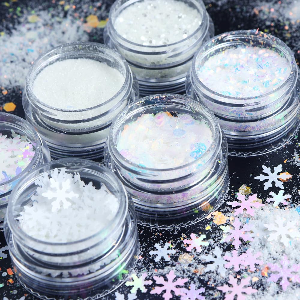 White Christmas Nail Art Glitters Winter Snowflake Nail Sequins, LPOODDNU 3D Holographic Christmas Snowflakes Nail Decals Winter Nail Art Decorations Accessories for Women Manicure DIY Craft