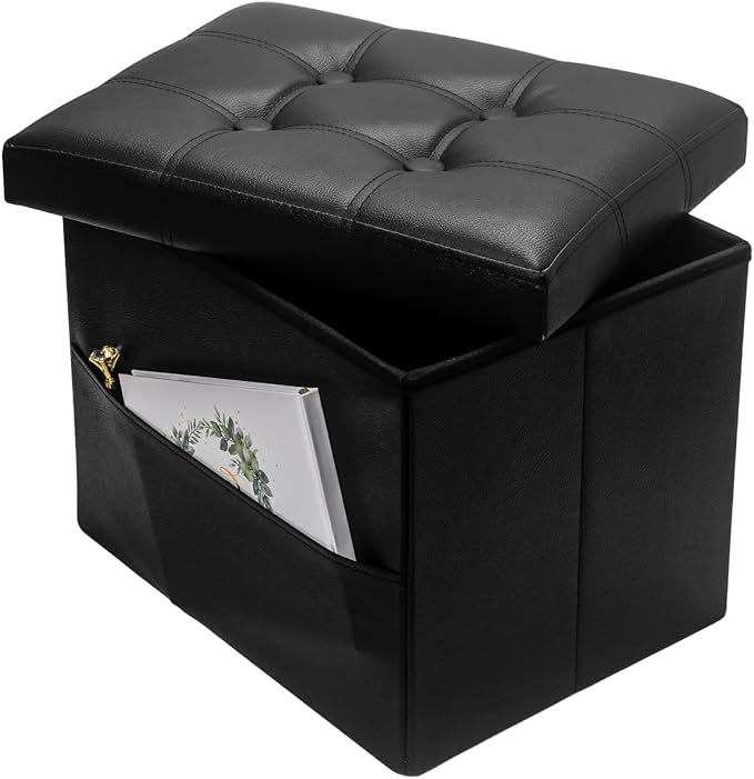 Storage Ottoman Foot Rest Stool, Small Leather Storage Ottomans Bench, Folding Footstool with Side Pockets, Foot Rest Under Desk for Living Room Bedroom, 16x12x12 in, Black