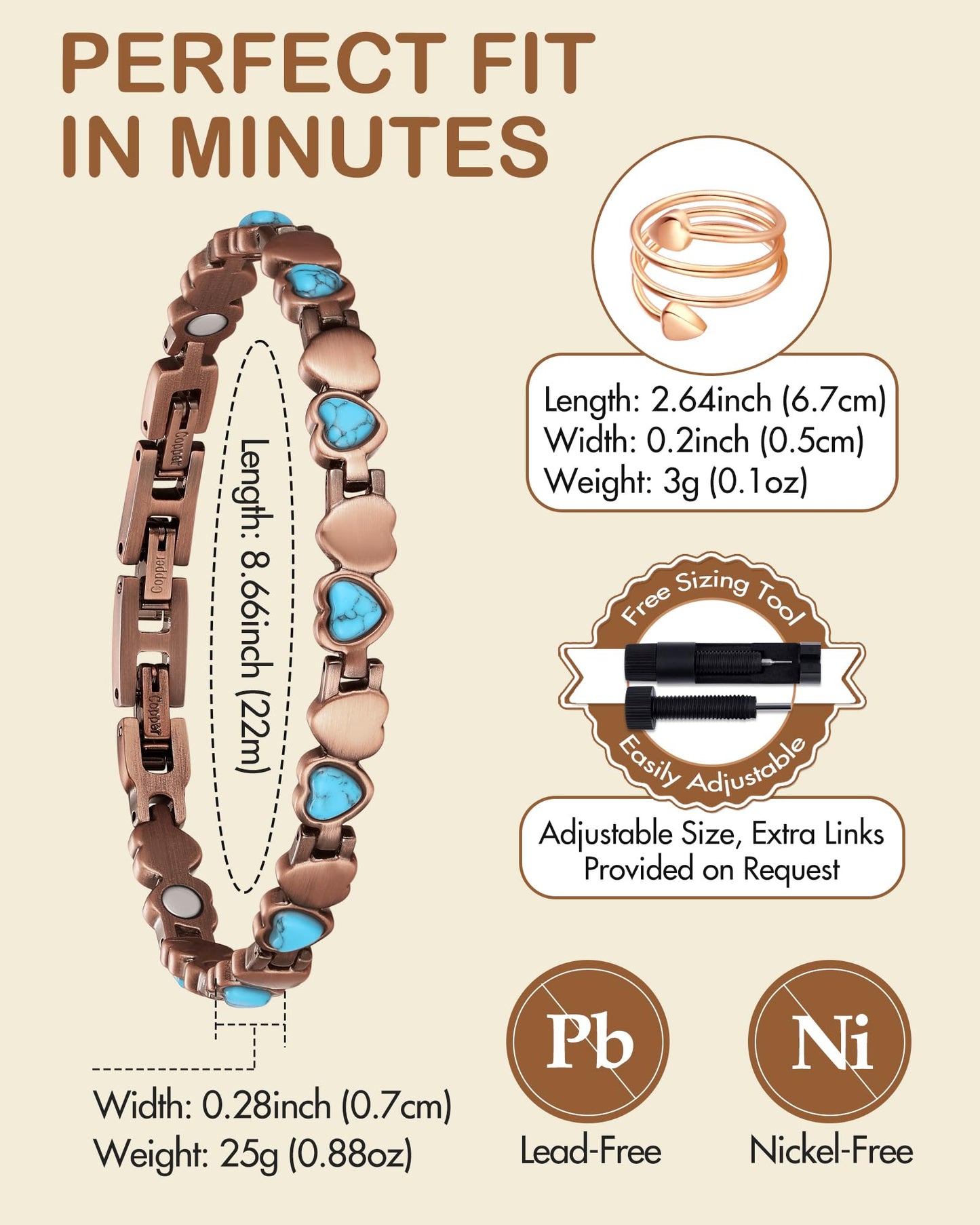 Feraco Pure Copper Bracelets & Rings for Women, Ultra Strength Magnetic Bracelet with 3800 Gauss Magnets & Natural Turquoise, Adjustable, Jewelry Gift (Ocean Heart)