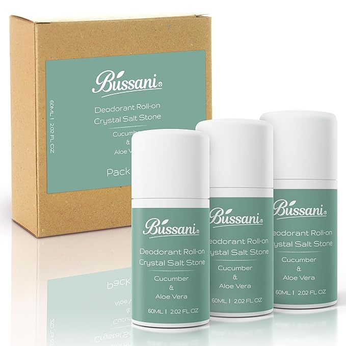 Bussani Deodorant Roll-On Crystal Salt Stone – For Girls, Kids, Boys | Aluminum & Baking Soda Free | 24-Hour Odor Protection | Cucumber & Aloe Vera Scent | 2.02 fl oz | Pack of 3
