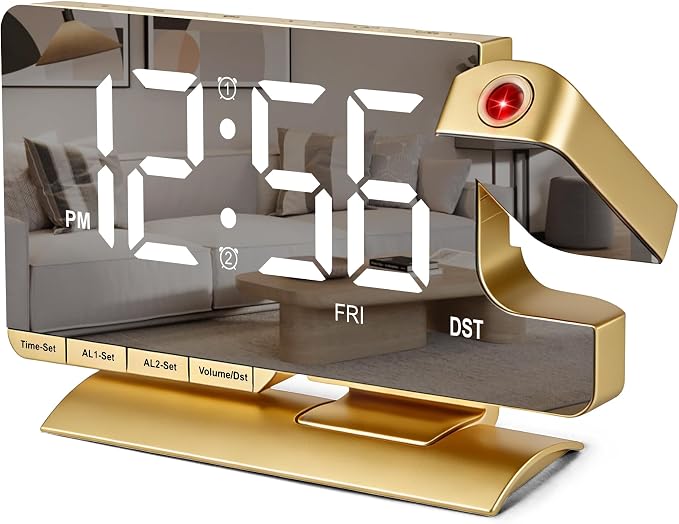 SZELAM Alarm Clock Bedside with Projection Digital Clock,7.3" Mirror Clock with 180°Rotating Projector,Dual Alarm with 3 Mode,Brightnee Adjust,DST,Snooze,Charging Port,5 Levels Volume for Desk Teens