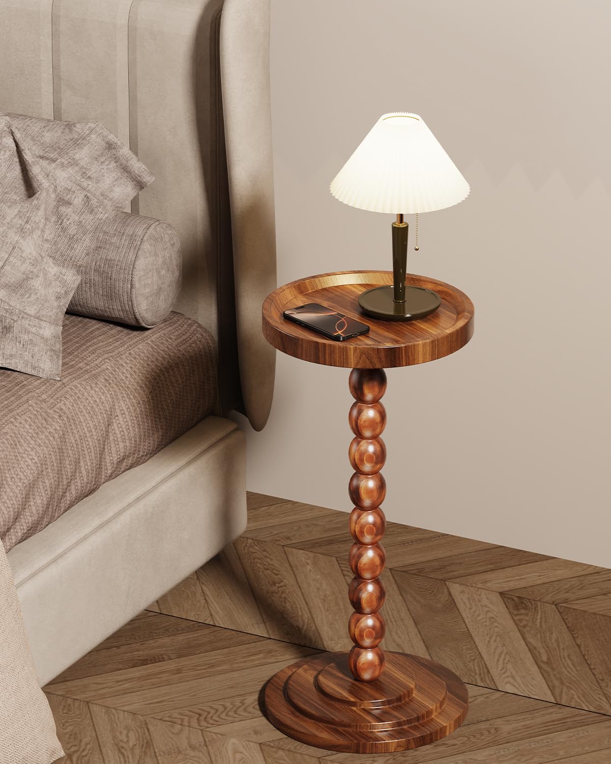 Round Wooden Side Table & Drink Table | Sturdy & Functional Mid-Century Modern Design with Solid Wood Columns for Living Room, Bedroom, Office & More