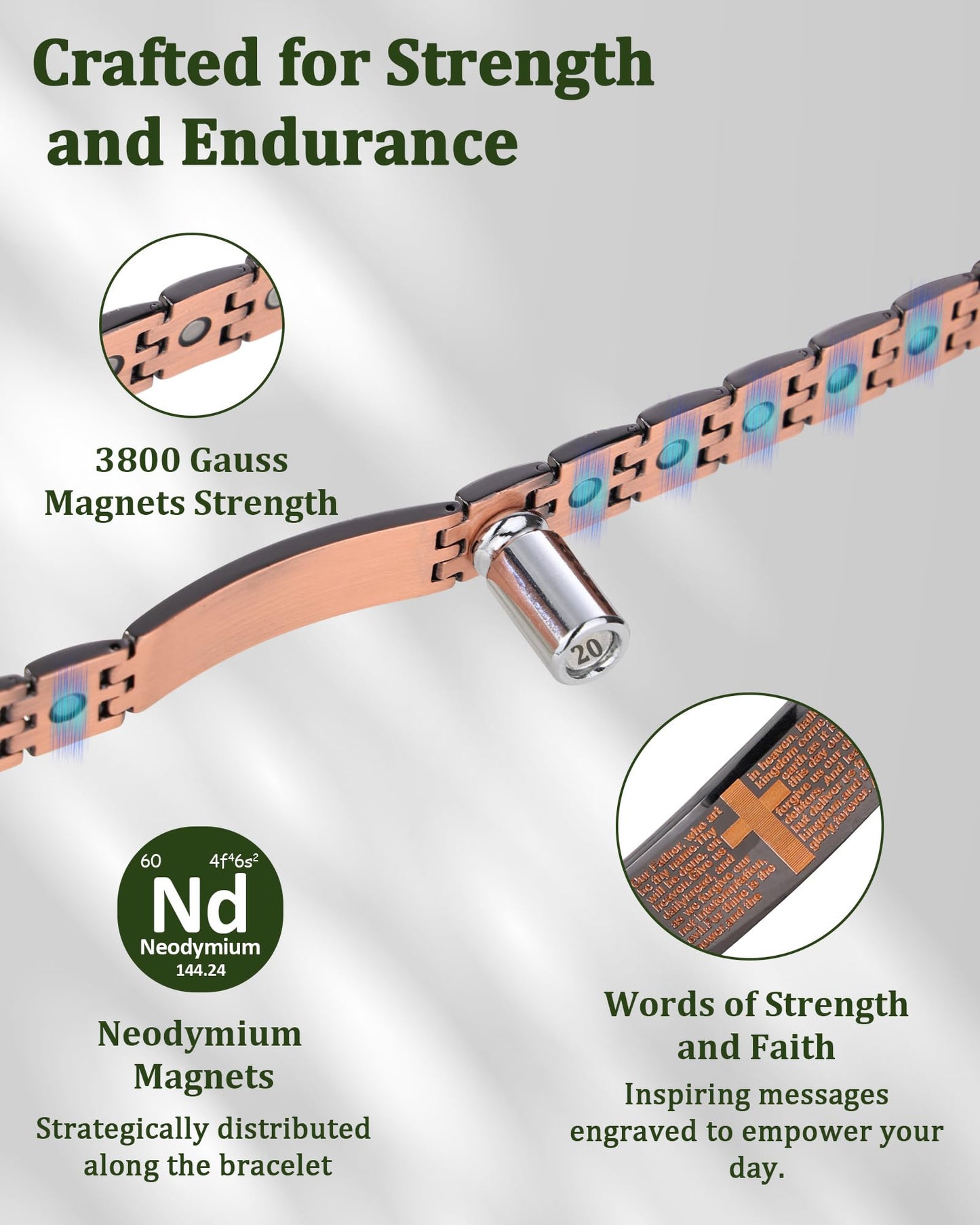 Fashtour Copper Cross Bracelet for Men, Ultra Strength Magnetic Jewelry, Rice-Ear Design Adjustable Copper Biblical Cross Bracelet with Sizing Tool & Box (Black)