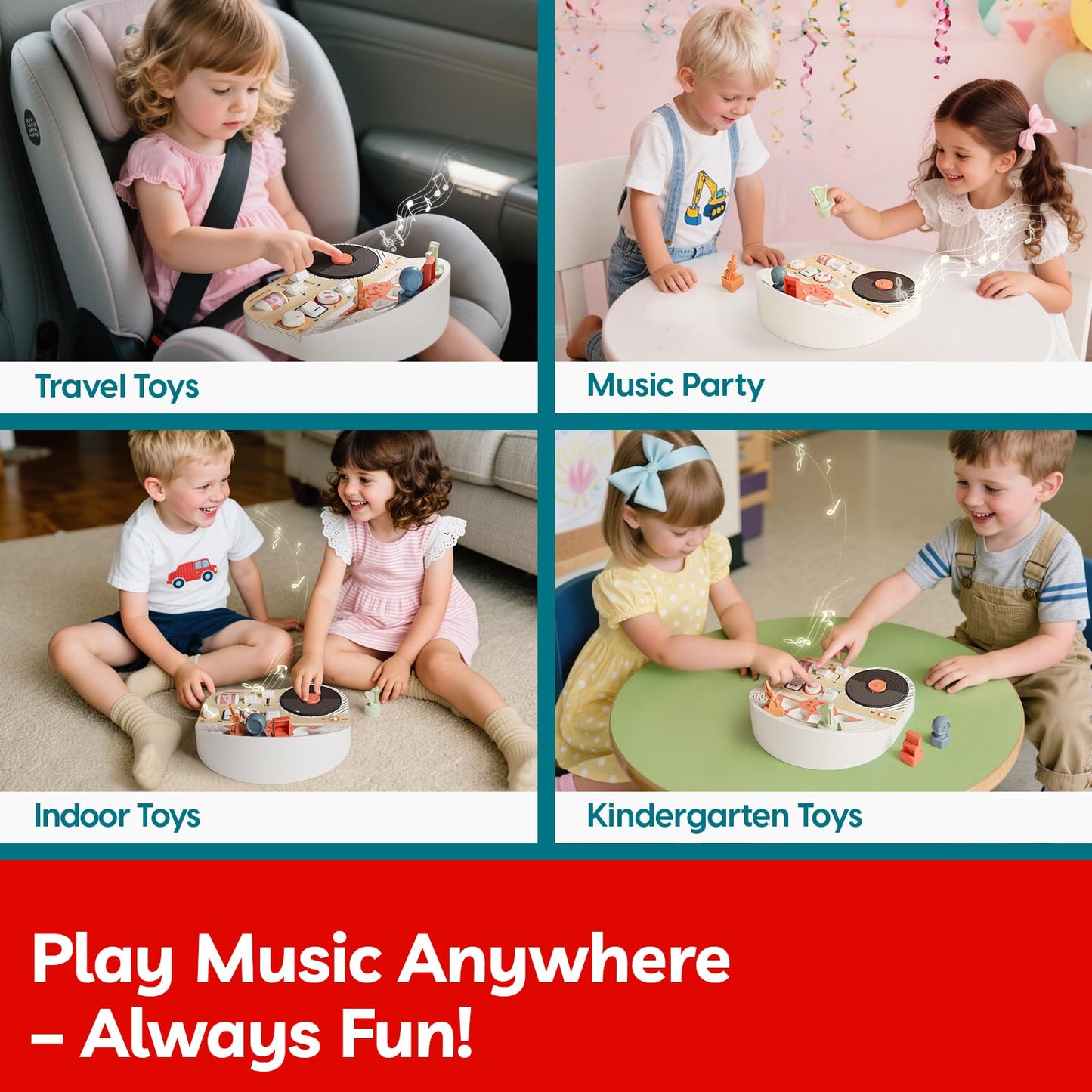 TOP BRIGHT DJ Music Busy Board - Wooden Toddler Toys for Boys and Girls，Montessori Sensory Toy with 14 Activities with Sound Blocks, Portable Travel Toy for 18M+