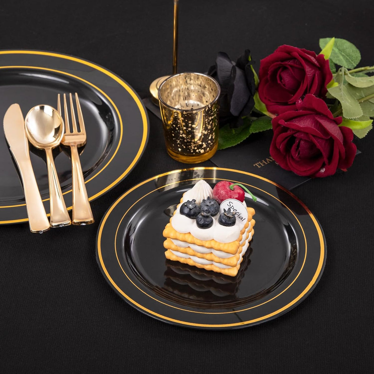 FLOWERCAT 100PCS Black and Gold Plates - Heavy Duty Black Plates Disposable for Halloween Party/New Year - Include 50PCS 10.25inch Dinner Plates - 50PCS 7.5inch Dessert Plates