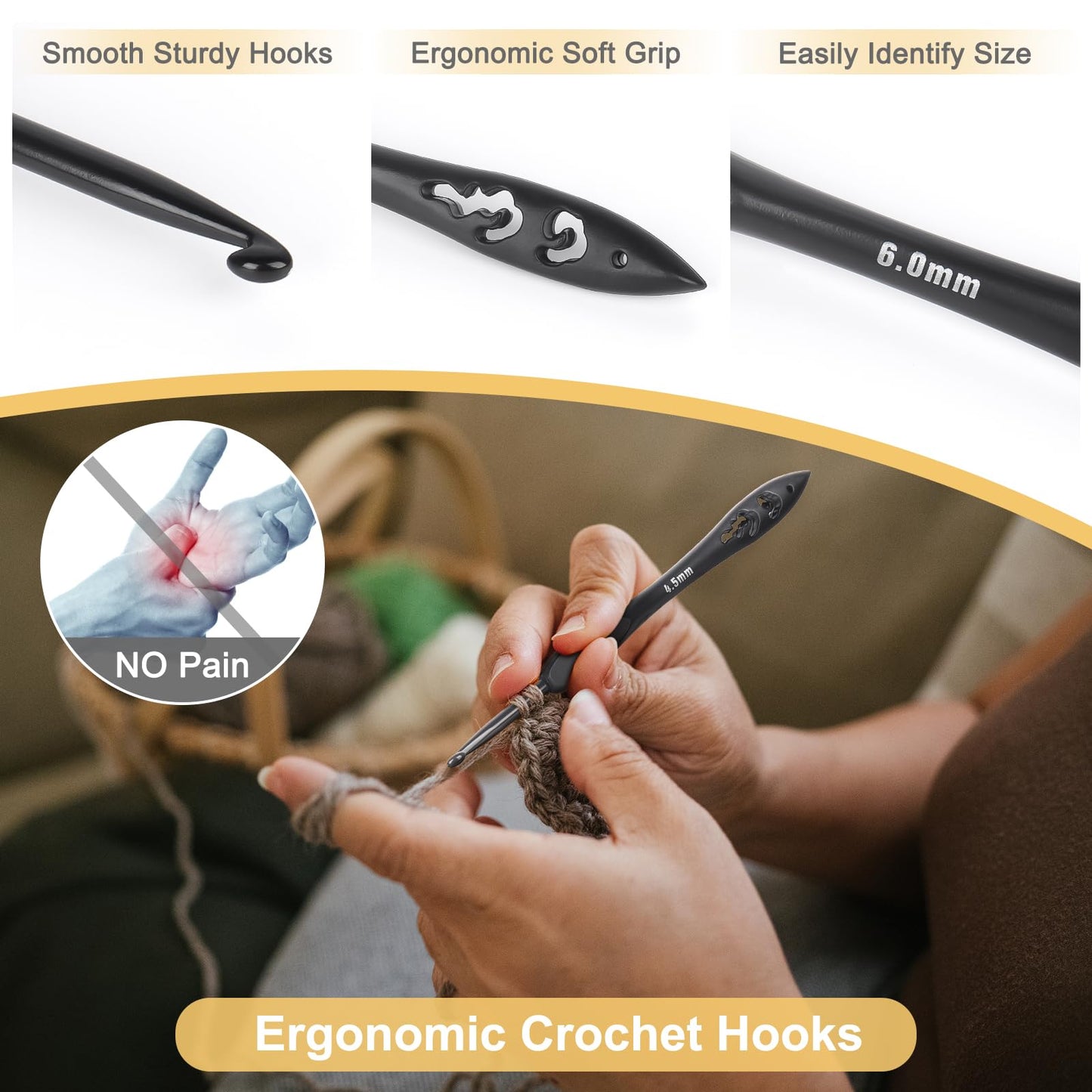 Katech 9 Sizes Crochet Hooks, Ergonomic Soft Grip Aluminum Crochet Hook Set, Black Plastic Crochet Needles for Arthritic Hands Beginners Kids Adults Ideal Crochet Lovers Gift 2.0mm(B)-6.0mm(J)