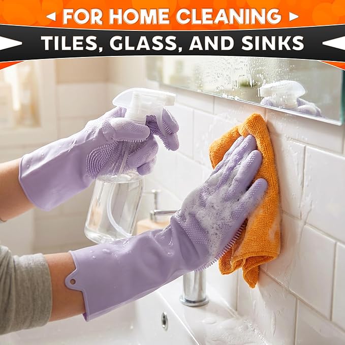 ALPENKOK Silicone Gloves for Washing Dishes, Reusable, Non-Slip (Purple)