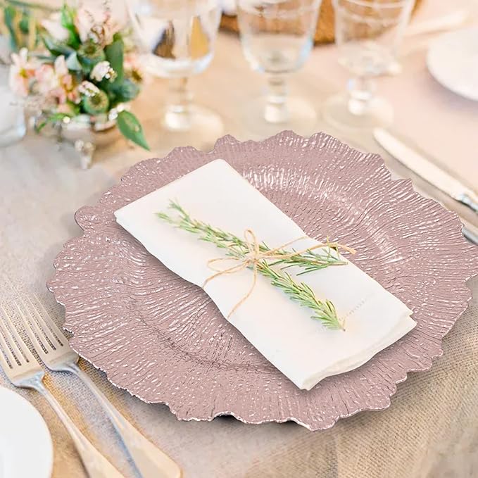 50 Pcs Rose Gold Charger Plates Bulk 13 Inch Plastic Charger Plates for Dinner Plate, Rose Gold Chargers for Table Setting, Reef Design Plate Floral Decorative Round Chargers for Wedding Party, Event