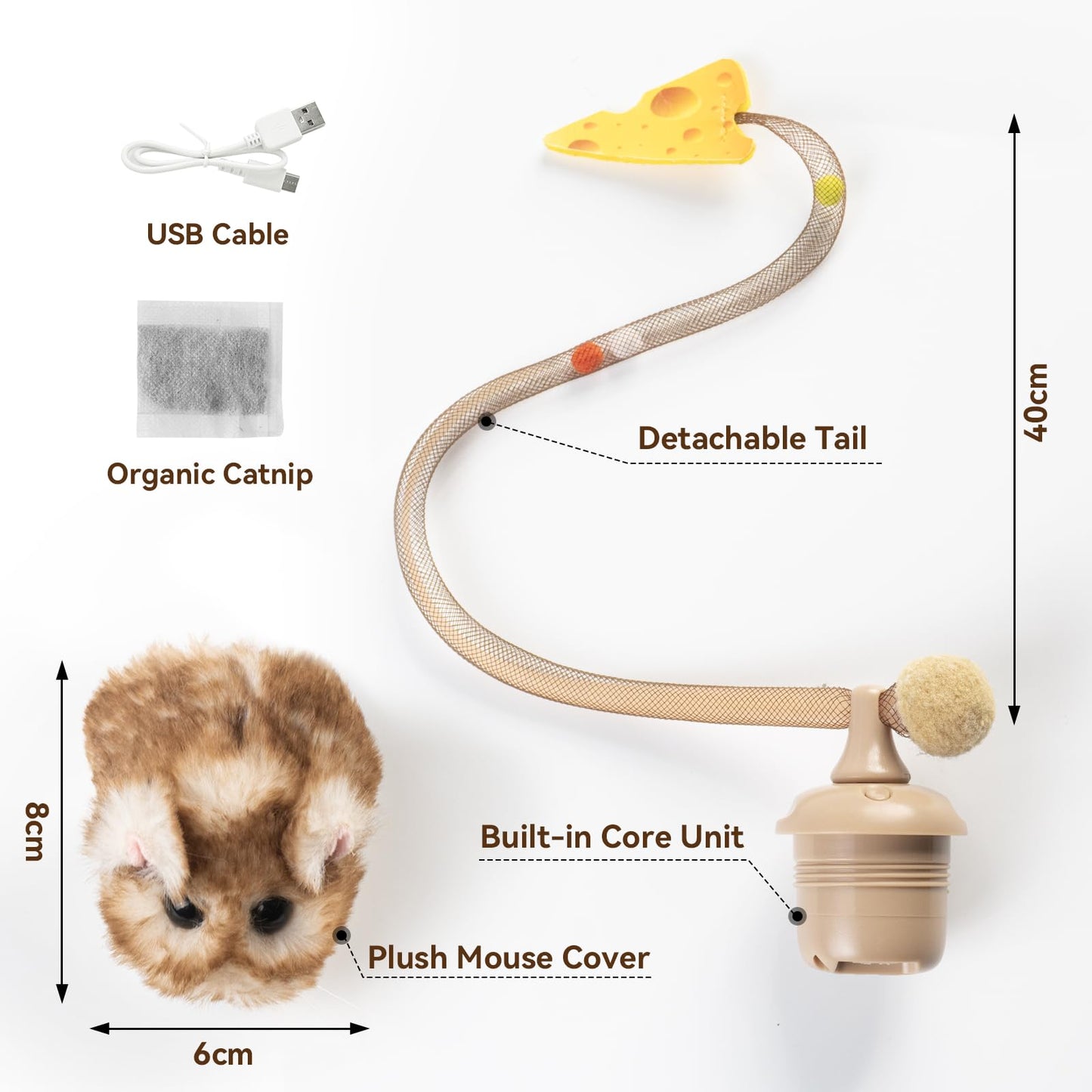 Migipaws Interactive MigiMouse Cat Toy 360° Rolling & Spin with Mesh Plastic Tail for Indoor Cats Smart Motion Sensor, Realistic Squeak, Rechargeable Plush Kitten Toy(Brown Long)