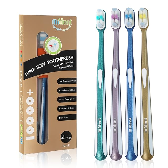 Mident Extra Soft Toothbrush for Sensitive Gums and Teeth, Newly Upgraded 10000 Bristles Micro Nano Manual Toothbrush,Ultra Soft Toothbrushes for Adult, Pregnancy and Junior (4 Pack)