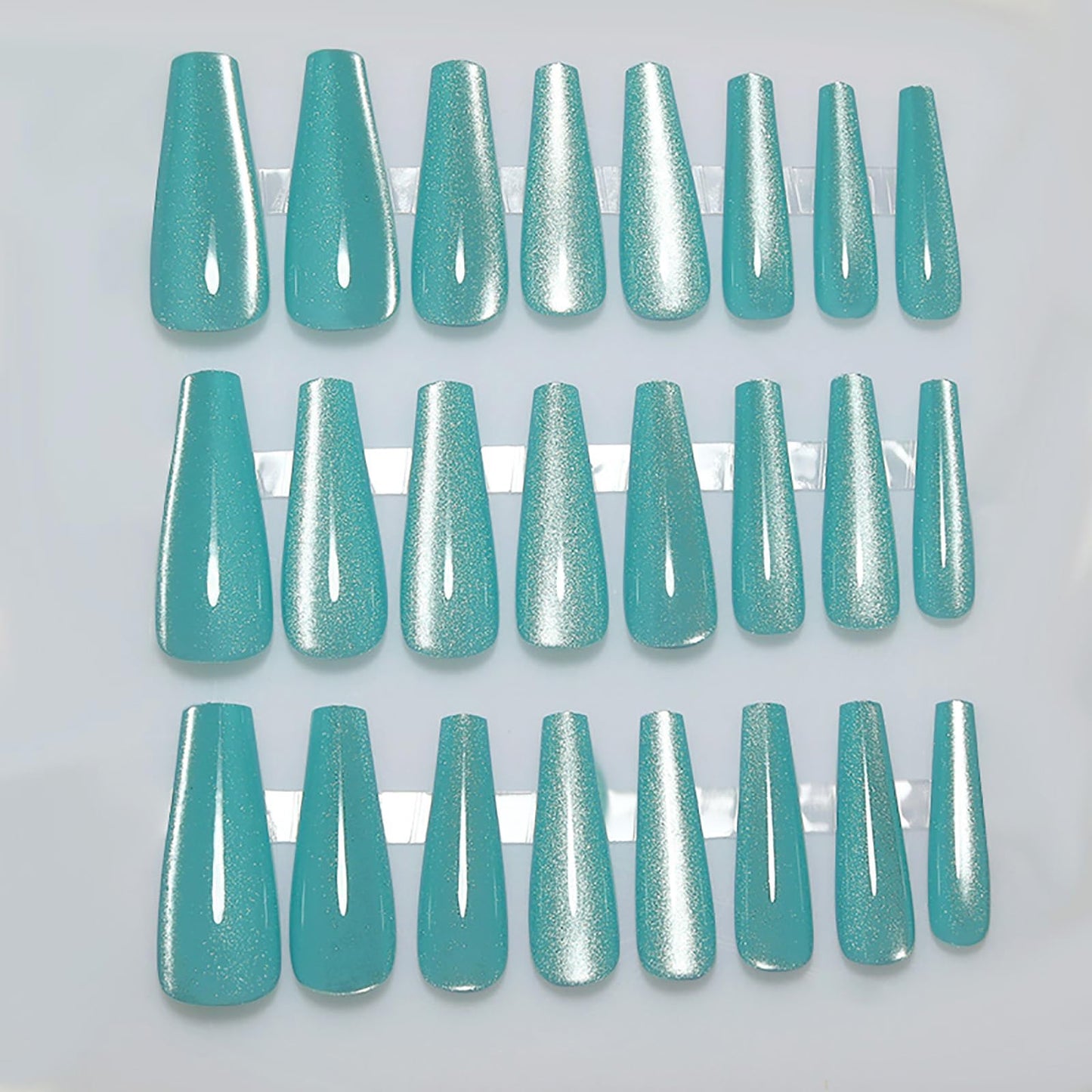 Handmade Press on Nails - Cyan Long Fake Nails | Velvet Effect Design False Nails | Glossy,Glitter,Gradient Color,Reusable Acrylic Nails | 12 Sizes - 24 Nail Kit with Jelly Glue