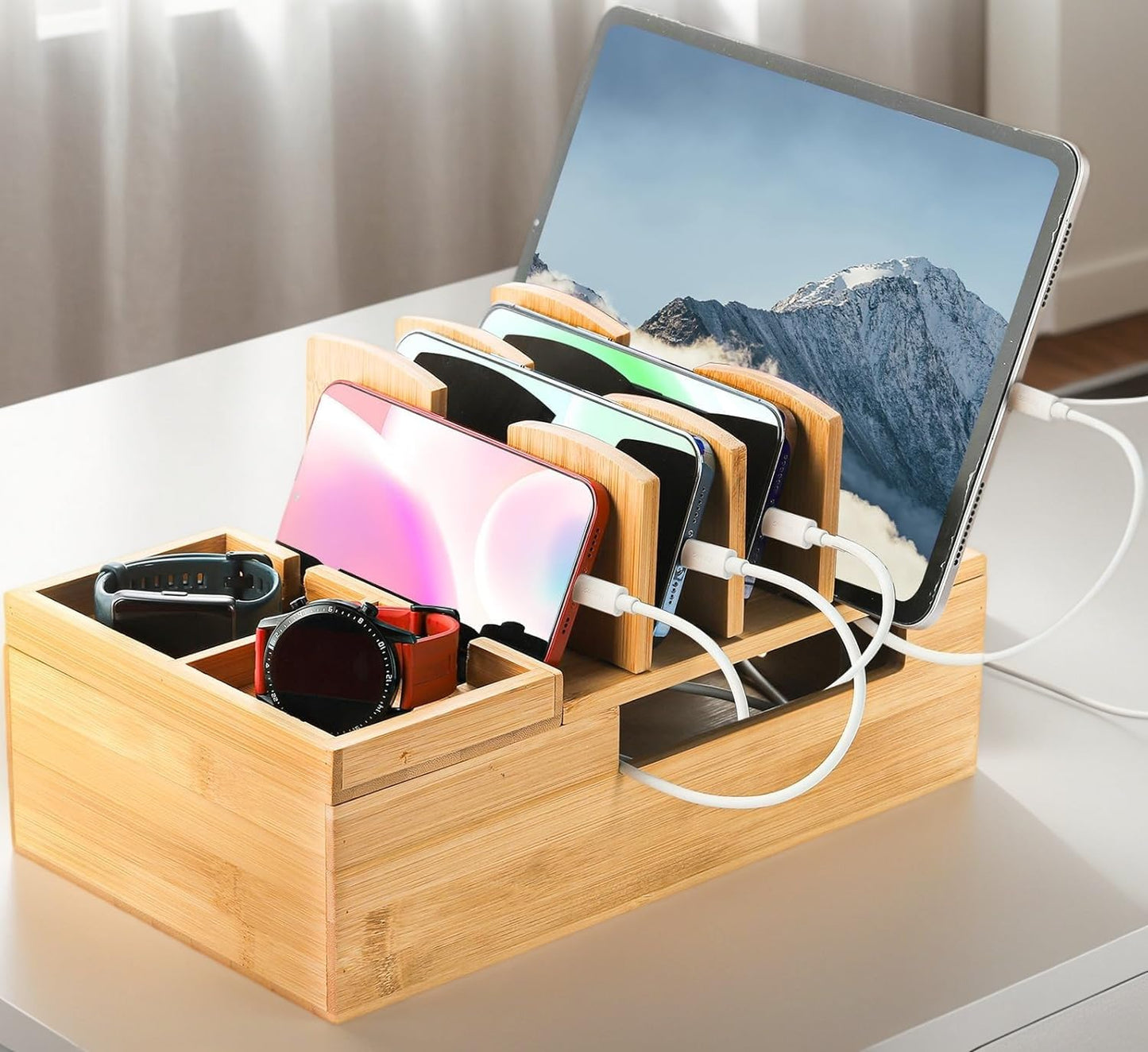Fasmov Bamboo Charging Station, Charging Stand for Multiple Devices, Electronic Device Desktop Dock Stations Organizer, Cell Phone Docking Stations for Multi Laptop, Tablets, IPads, Watch, Earbuds
