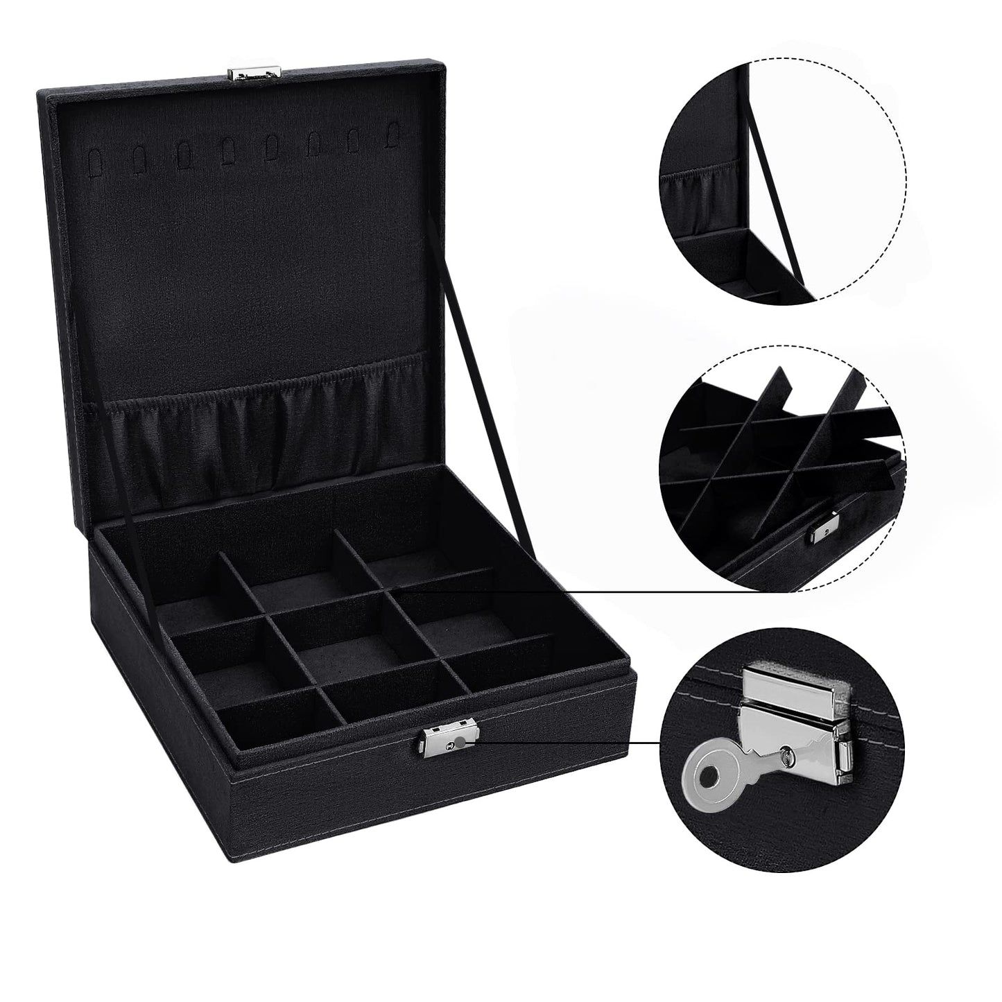 MOSISO Jewelry Box, Jewelry Storage Case Organizer Stackable Double Layer Lockable Display for Women Velvet Necklace Earring Bracelet Ring Watch Brooch Holder, Black