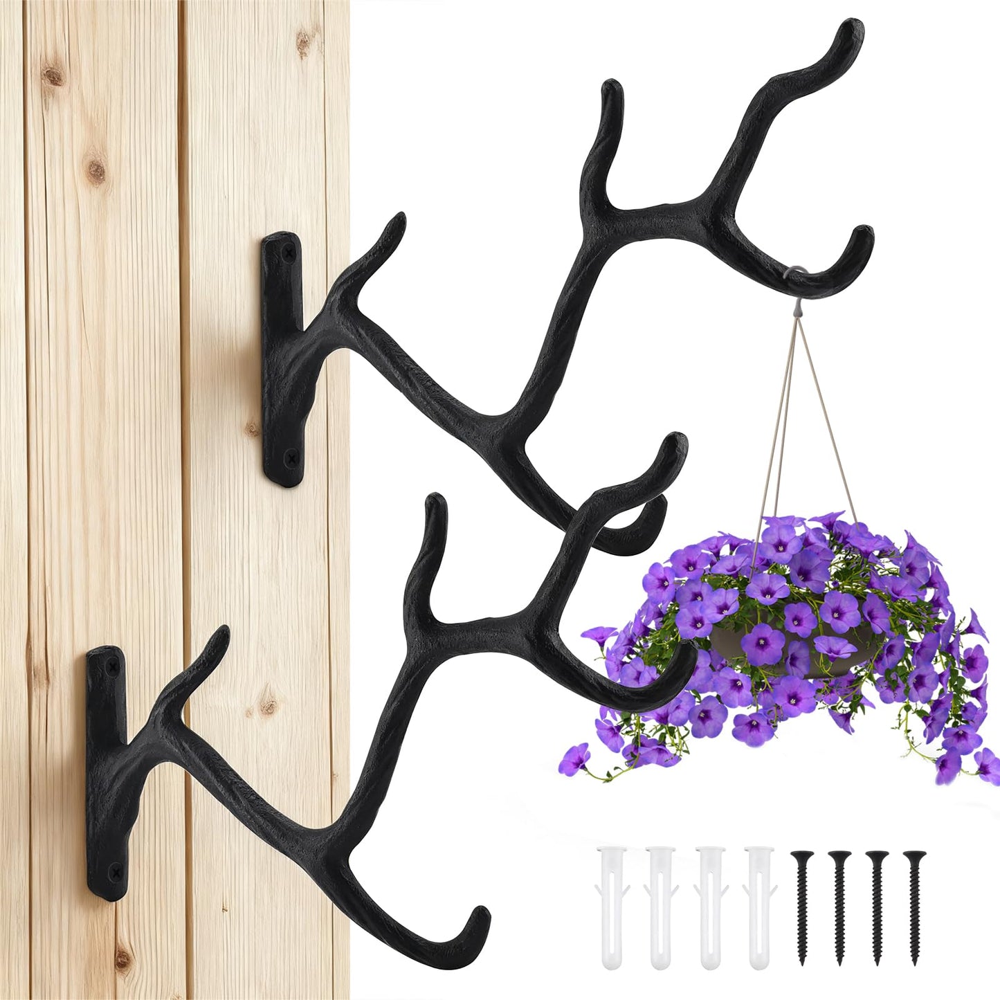 Patioer Cast Iron Tree Branch Plant Hook Heavy Duty Hanging Plant Bracket Decorative Outdoor Hangers for Flower Basket Bird Feeder Wind Chime Lanterns, 2 Pack