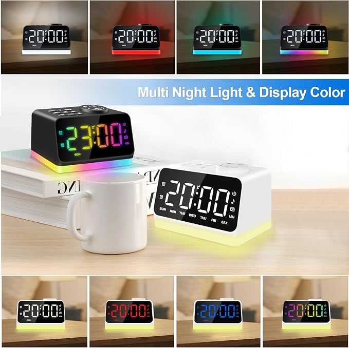 JALL Digital Alarm Clock with FM Radio for Bedroom, 8 Colors Night Light with 2 Charging Port, Sleep Sound Machines with Timer, Dual Alarm, Loud Alarm and Easy to Use for Seniors as Gift